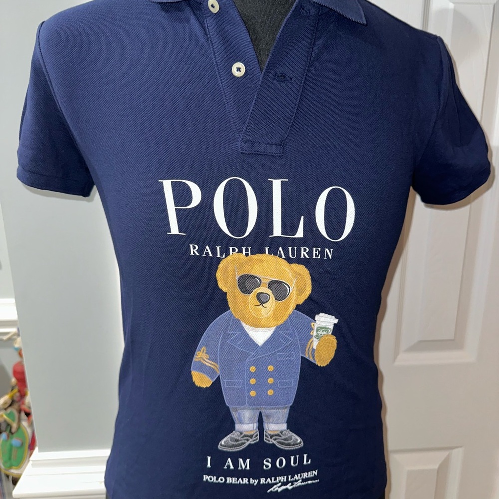 NWT, RALPH LAUREN, BLUE, MENS SHORT-SLEEVE “POLO BEAR” POLO SHIRT      Size: S